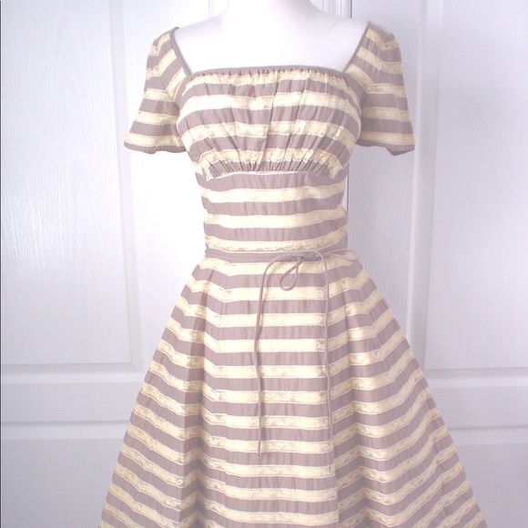 Vintage PAT PREMO Taupe Taffeta Lace Ribbon Dance Party Dress 26W - Picture 1 of 13